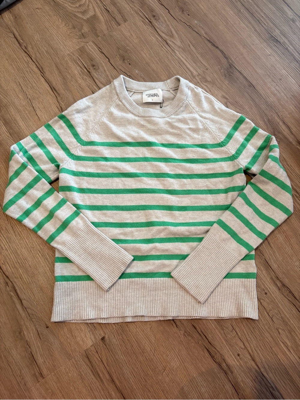 Stitches + Stripes (Revolve) Striped Crewneck Sweater in Cream and Green